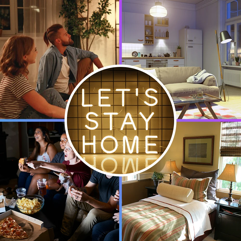 Let's Stay Home lampu Neon LED pesta pernikahan, lampu LED estetika kamar tidur rumah Game kamar seni kepribadian lampu dekorasi dinding hadiah