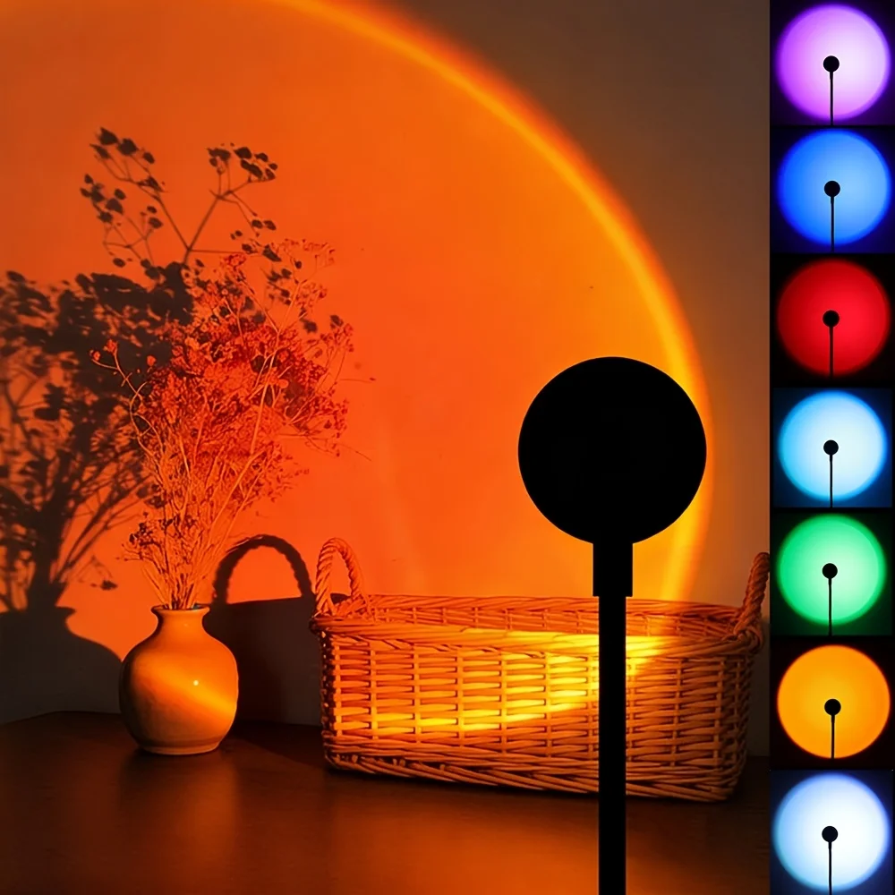 1Pc Colorful LED Sunset Lamp 7 Adjustable Colors USB Plug Play 360° Rotatable Mini Portable Atmosphere Light For Wall Ceiling Pa