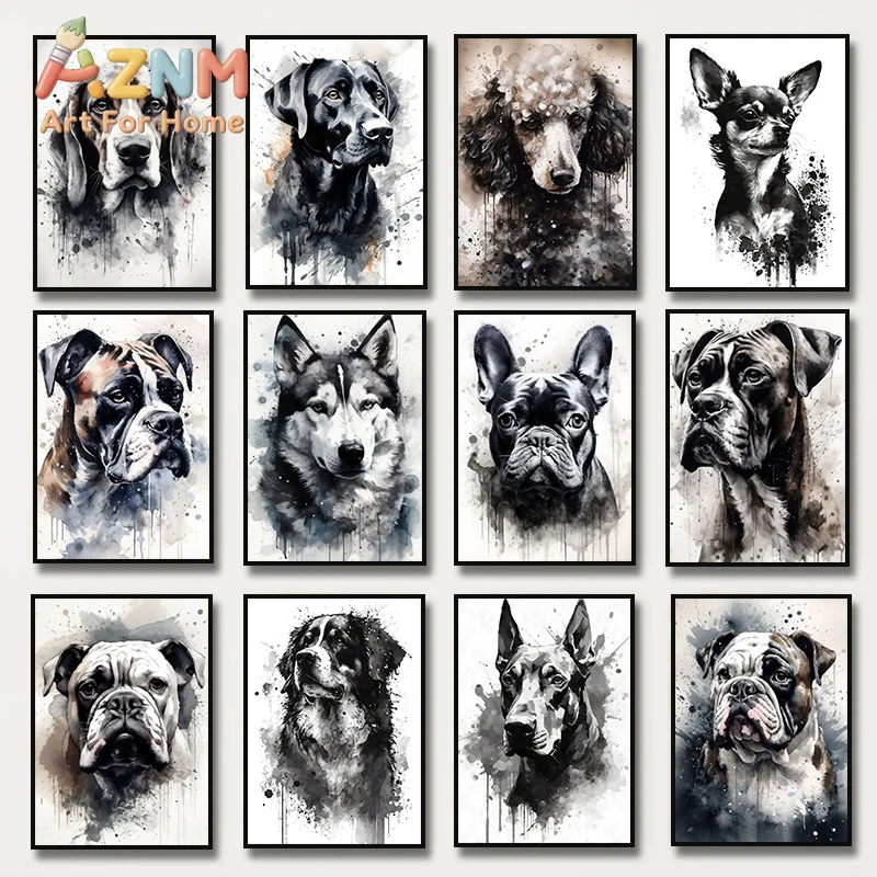 1pc  frameless Canvas Painting Watercolor Dog Portrait Siberian Husky Bulldog Poodle Dog Canvas Painting Black Ink Beagle Dog Pu