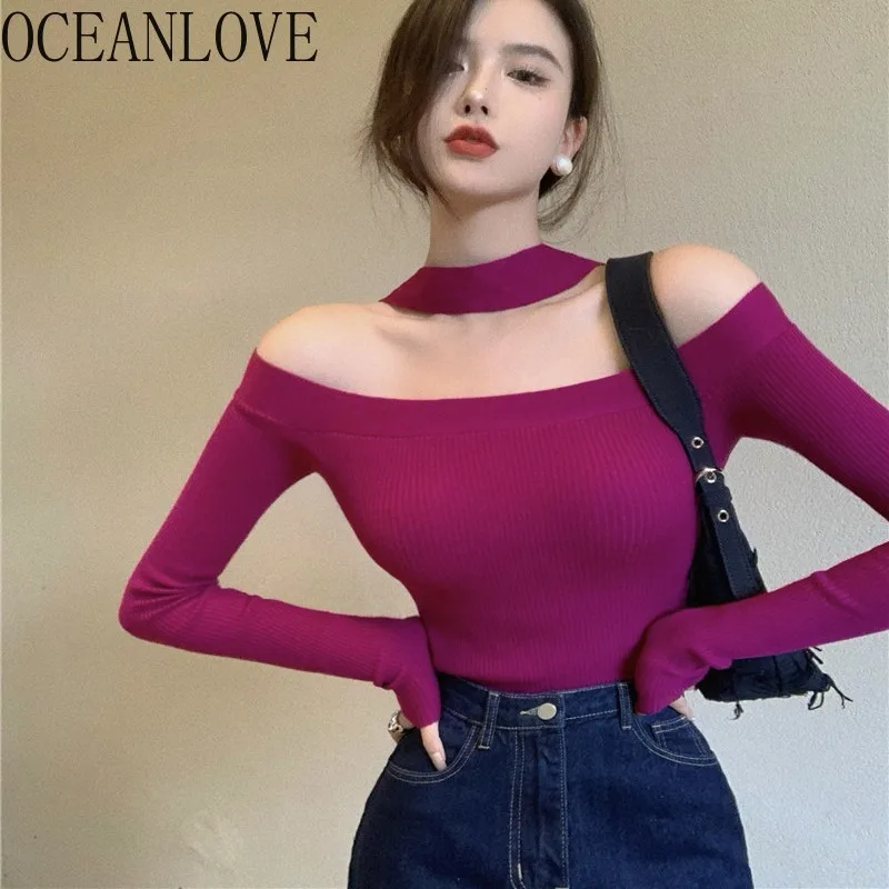 OCEANLOVE Y2k Halter Slash Neck Women Sweaters Solid Korean Fashion Autumn Winter Pull Femme Vintage Sexy Short Pullovers