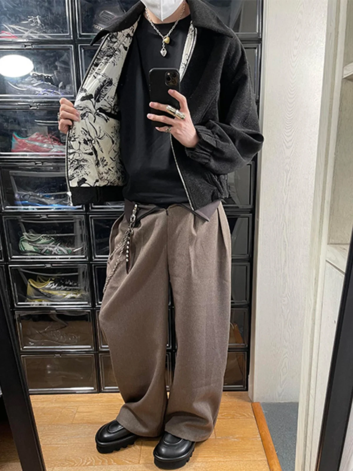 

American Sle Cleanfit Tweed Jaet Men's Autumn Winter High Sensation Ink Flower ort Collar Top Loose Fit Youth Trend