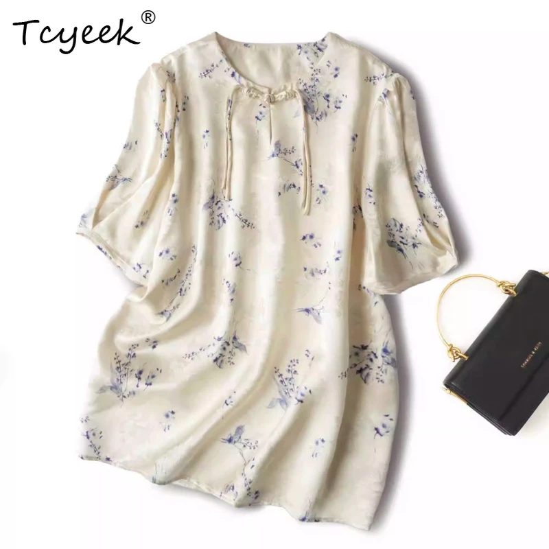 

Tcyeek 100% Real Mulberry Silk Summer Thin Short Sleeve Tee Chinese Style Bubble Sleeves Round Neck Loose Fit Women's Shirts 여름옷