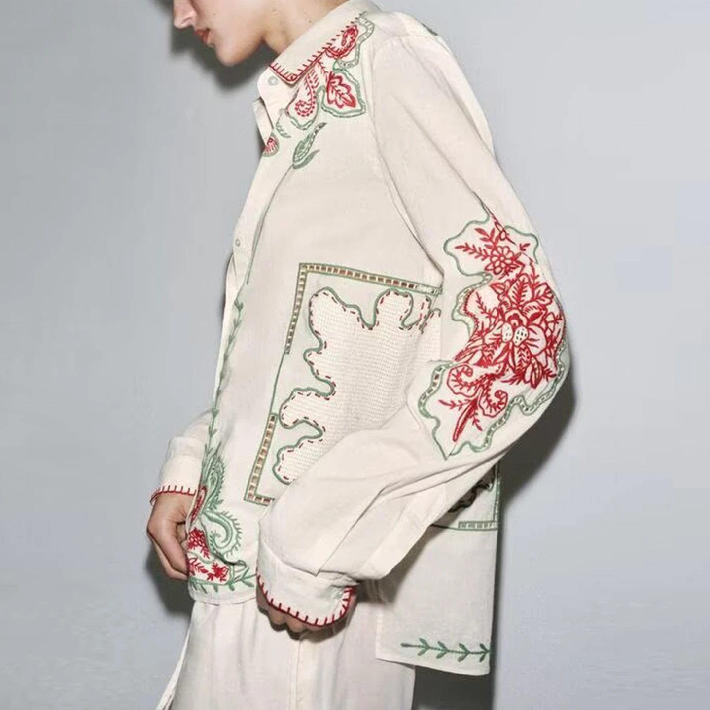 

Z 2025 New Faion Комплект изюля и брюк с вышивкой Long Sve Button up Sle Женский модный комплект одежды