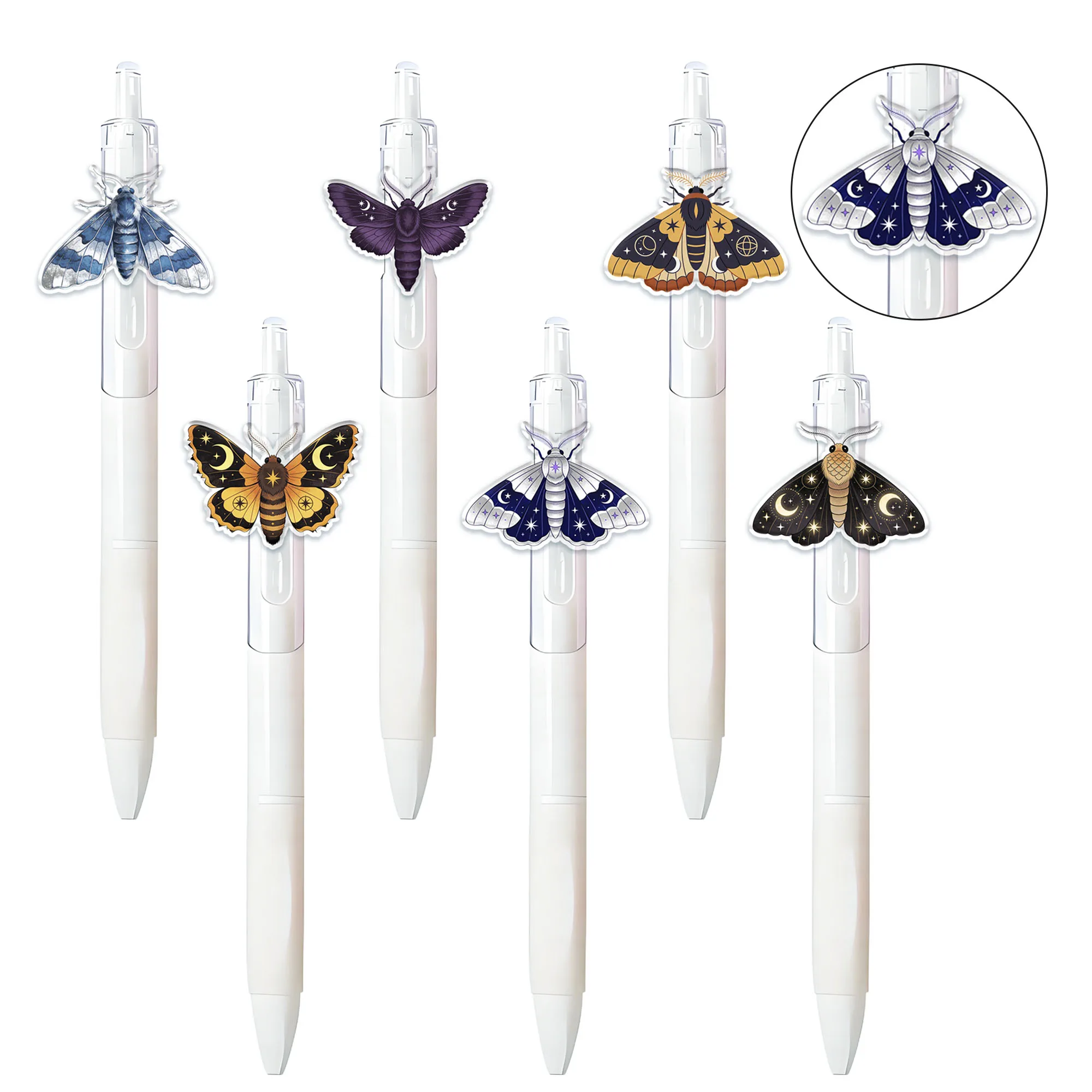 

8pcs Star Moon Pattern Moth Theme Circle Press Bead Pen Moth Pattern School Season Student Writing Gift Pen