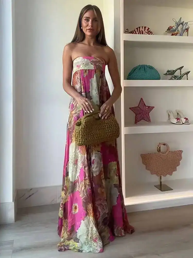 Eleganckie, plisowane sukienki bez ramiączek z nadrukiem, damskie, nowe, bez rękawów, z odkrytymi ramionami, długie sukienki maxi, letnie, eleganckie sukienki na bal, imprezę, damskie vestidos.