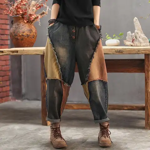 색상 대비 패치 하룬 청바지, 대형 루즈 빈티지 워싱 및 착용 다운 팬츠, 봄 및 가을 패션, 2022 신상