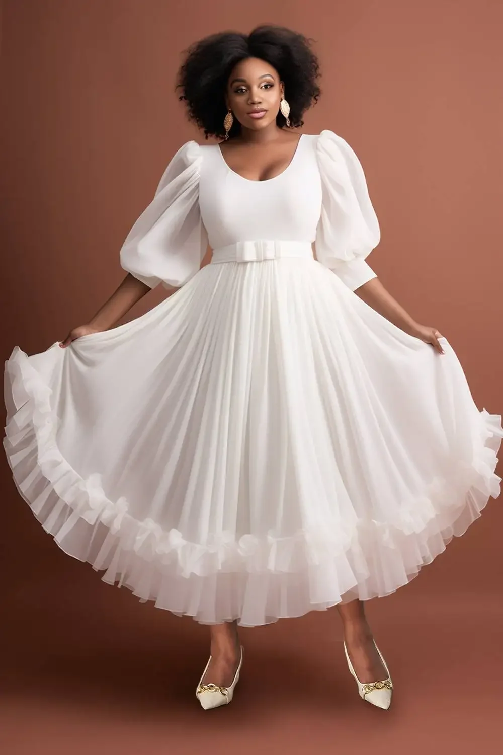 Plus Size Puff manga babados vestido, branco, gola redonda, manga curta, convidado do casamento, malha de contraste, moda elegante, outono