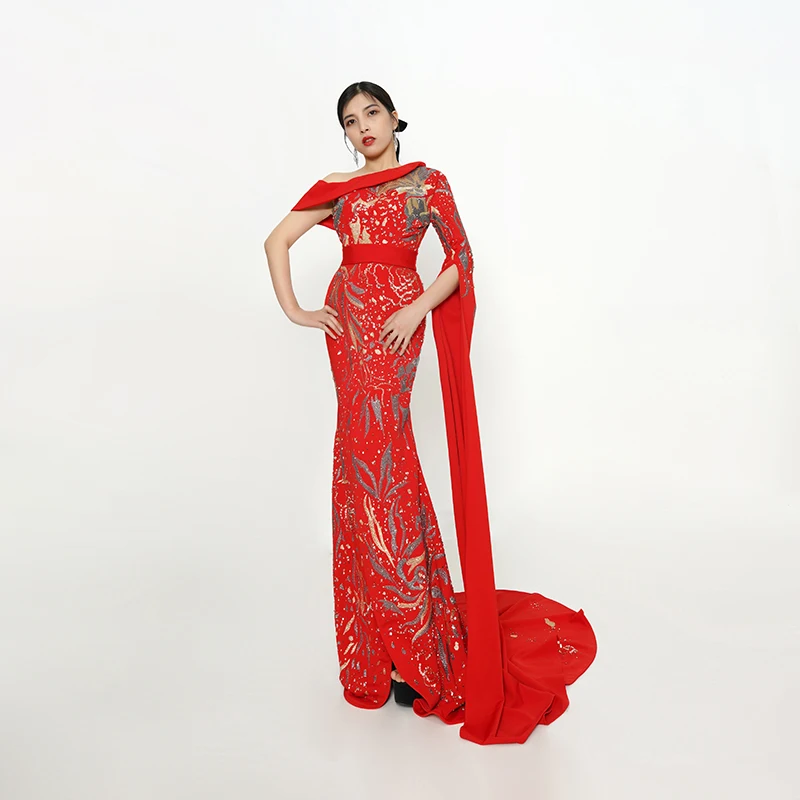 Baisha Stickerei Strass Benutzerdefinierte Abendkleid Revers Schräge Schulter Split Röcke Mit Zug Gala Formelle Anlässe H1013