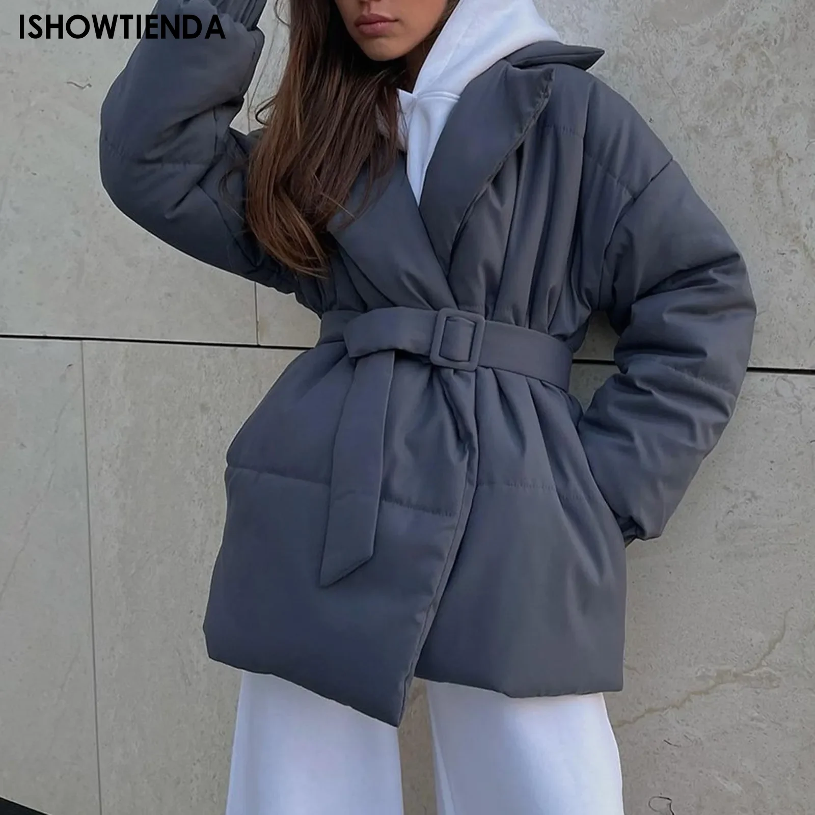 Winter New Thickened Slim Waist Cotton Coat Solid Color Belt Lapel Cotton Coat Comfortable Material Autumn And Winter Women's