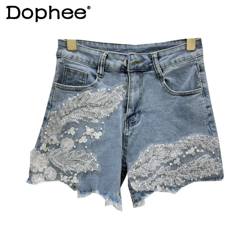 Summer New Elastic Flower Embroidered Lace Stitching Tassel Raw Edge Denim Shorts Women A- Line Wide-Leg Hot Pants Female