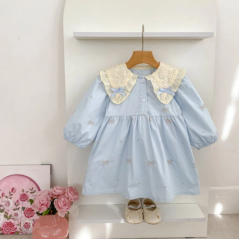

2025Spring New Girls' Dress Embroidered Baby Clothes Long Sleeve Baby Girl Romper Children's Dress Sister Outfit