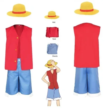 

Kids Adult Luffy Cosplay Anime One Cos Piece Disguise Costume Coat Pants Hat Men Boys Beach Clothing Halloween Party RolePlay