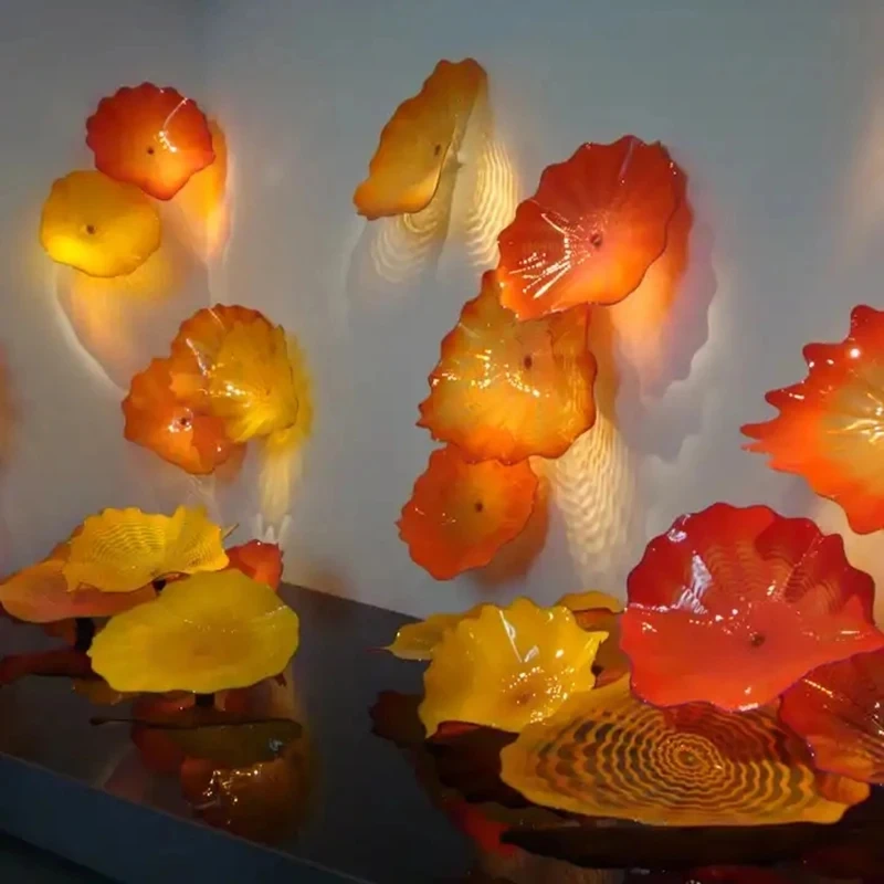 

Murano Blown Glass Wall Art Plates Orange Yellow Wall Hanging Lotus Flowers Home Decoration Accents Diameter 20 to 40 cm