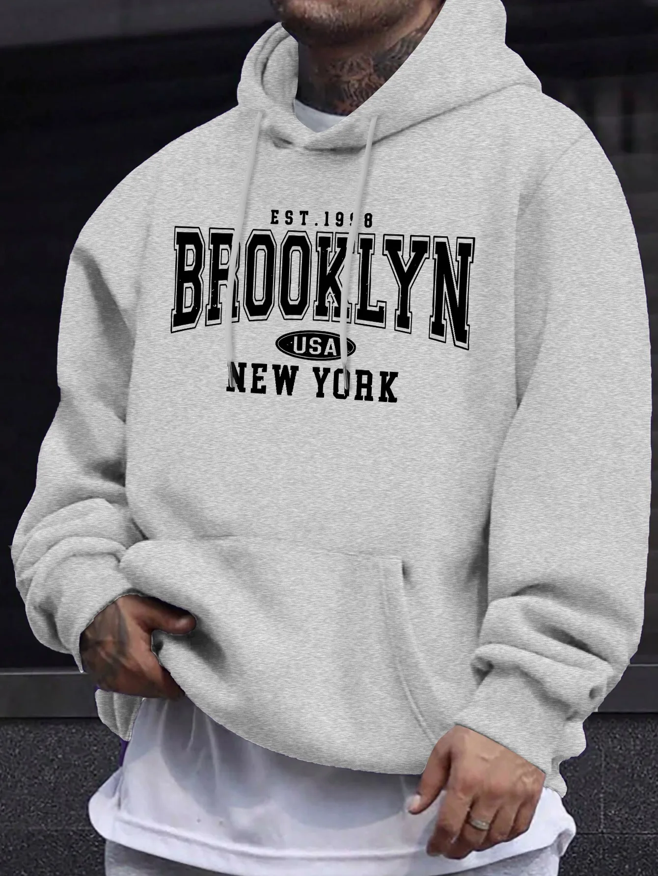 1998 BROOKLYN Graphic Print Casual Fashion Long Sleeve Hoodie with Pockets Comfortable and Stylish Simple Design Relaxed Chic