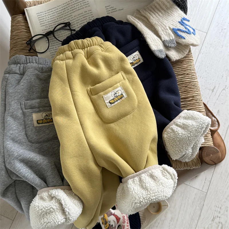 

2025 Winter New Children Fleece Casual Pants Baby Boys Plus Velvet Thick Warm Pants Girls Sweat Pants Cotton Kids Trousers