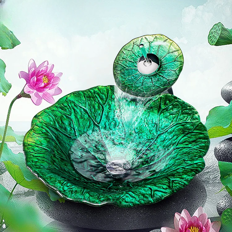 

Раковина из закаленного стекла для ванной комнаты с изображением листьев лотоса