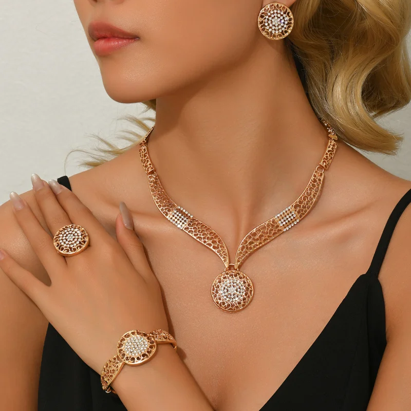 

Cross-Border Hot Selling European and American Fashion Jewelry Women's Dress Banquet Necklace Earrings Bracelet Ring Four-Piece