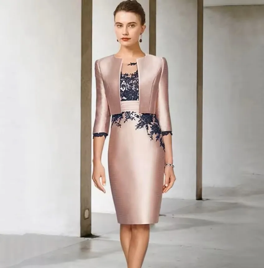 

Vintage Two-piece Set Mother of the Bride Dress Three Quarter Applique and Pleat Knee Length Women Party Banquet Guest Gown