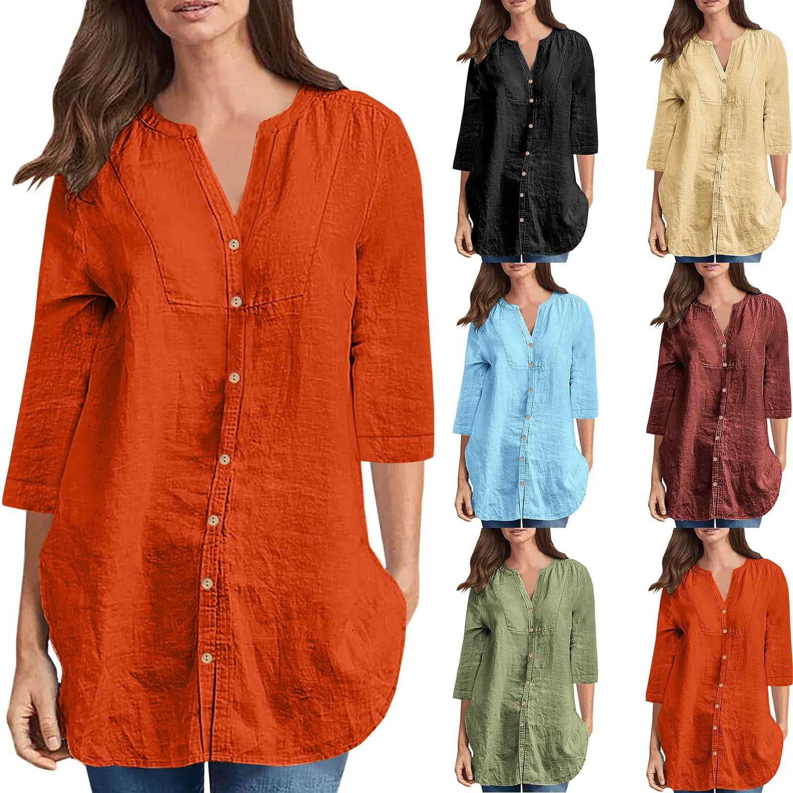 Spring Summer Women\'s Shirt Loose Casual Solid Colour Cotton Linen Medium Long Shirt Fashion V Neck Single Row Button Blouse