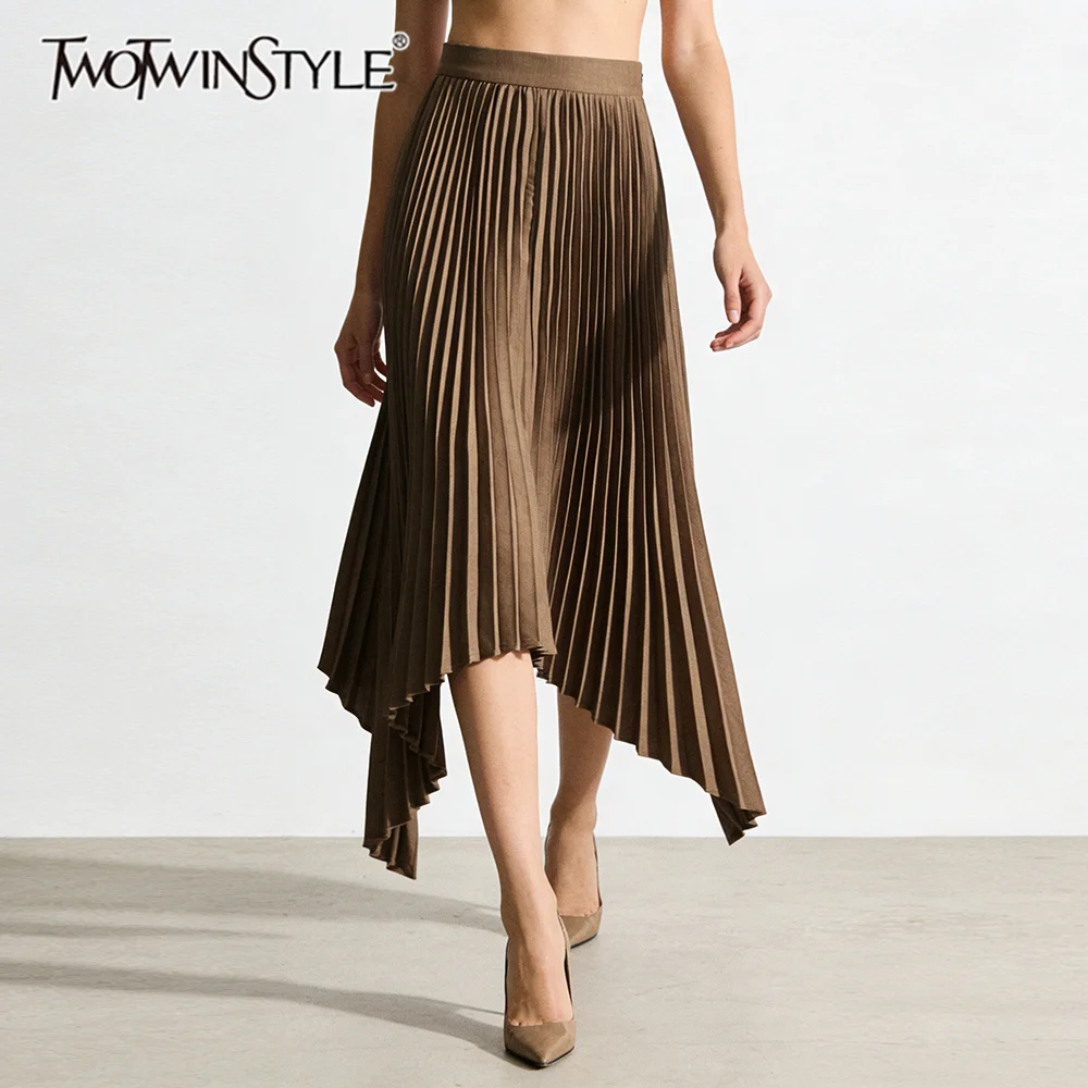 

TWOTWINSTYLE Khaki Loose Spliced Folds Streetwear Skirts for Women High Waist Vintage Irregular Skirt Female Autumn Fashion New