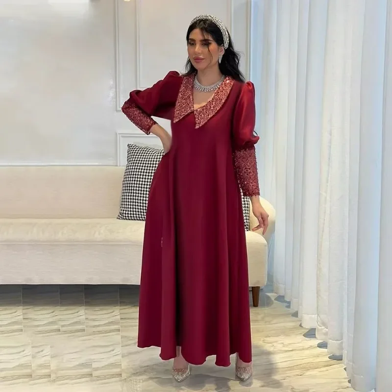 

Ramadan Dubai Muslim Women's Robe Luxury Fashion Sparkling Beaded Splicing Middle Eastern Islamic Arab Long Dress