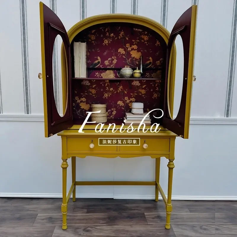 French retro solid wood wine cabinet living room two doors high cabinet dining side cabinet arched glass door