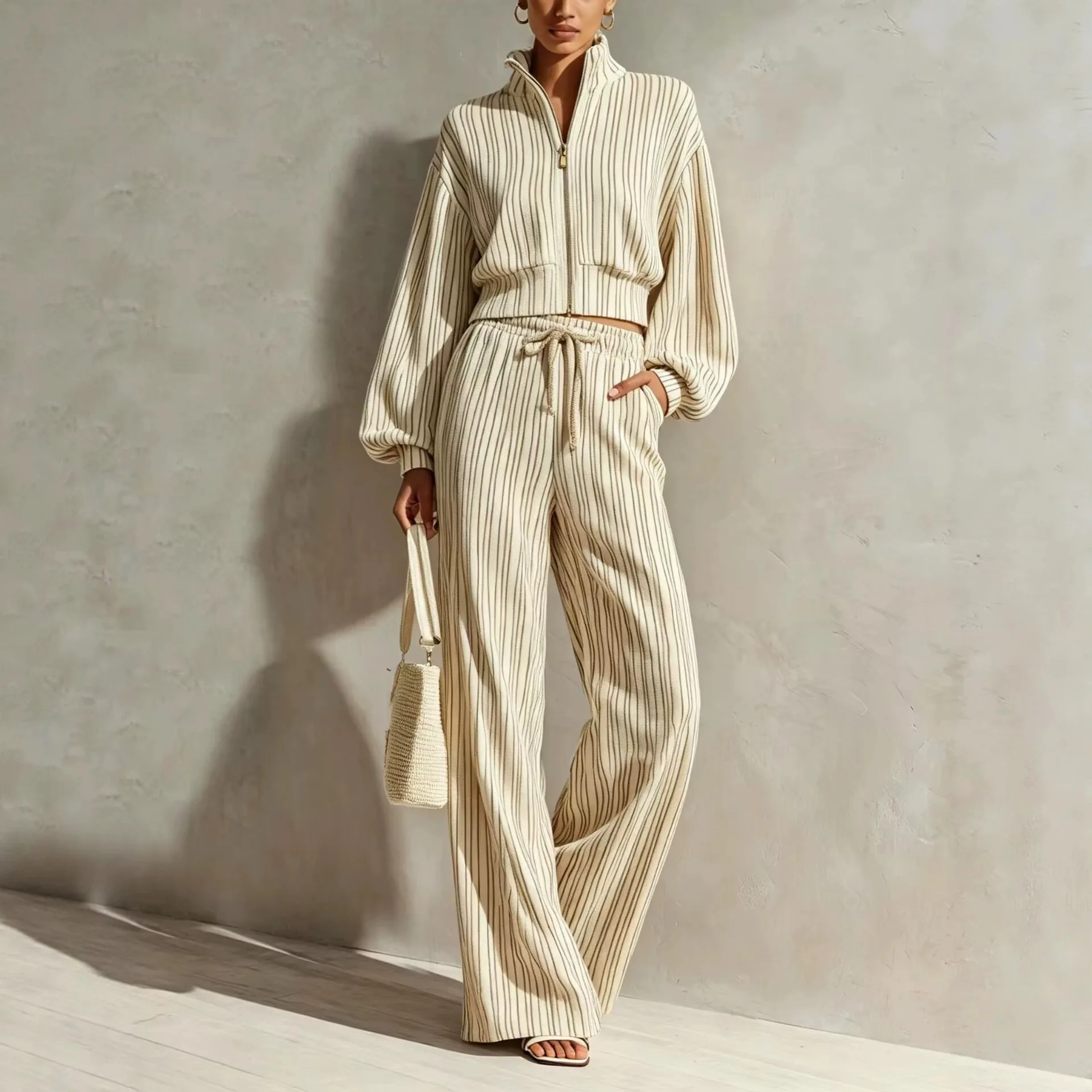 XXOWENLI Striped 2 Piece Set For Women Zipper Stand Collar Long Sleeve Cropped Jacket & Wide Leg Pants Set Casual Streetwear Set