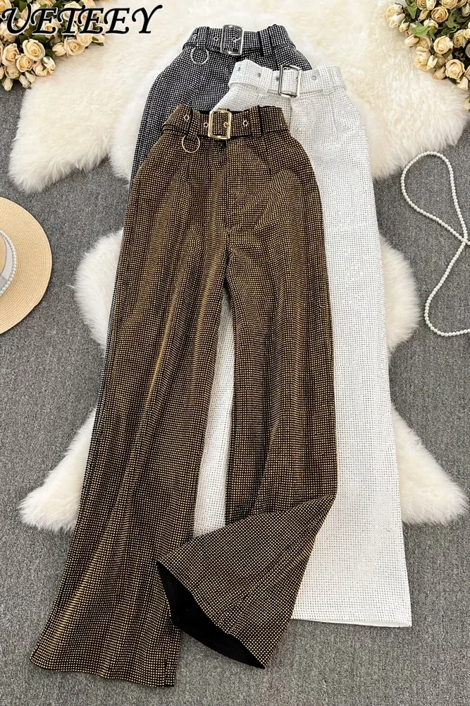 

2023 Spring Autumn Retro Temperament Diamond Casual Long Pants High Waist Slimming Drooping Wide-Leg Trousers for Women