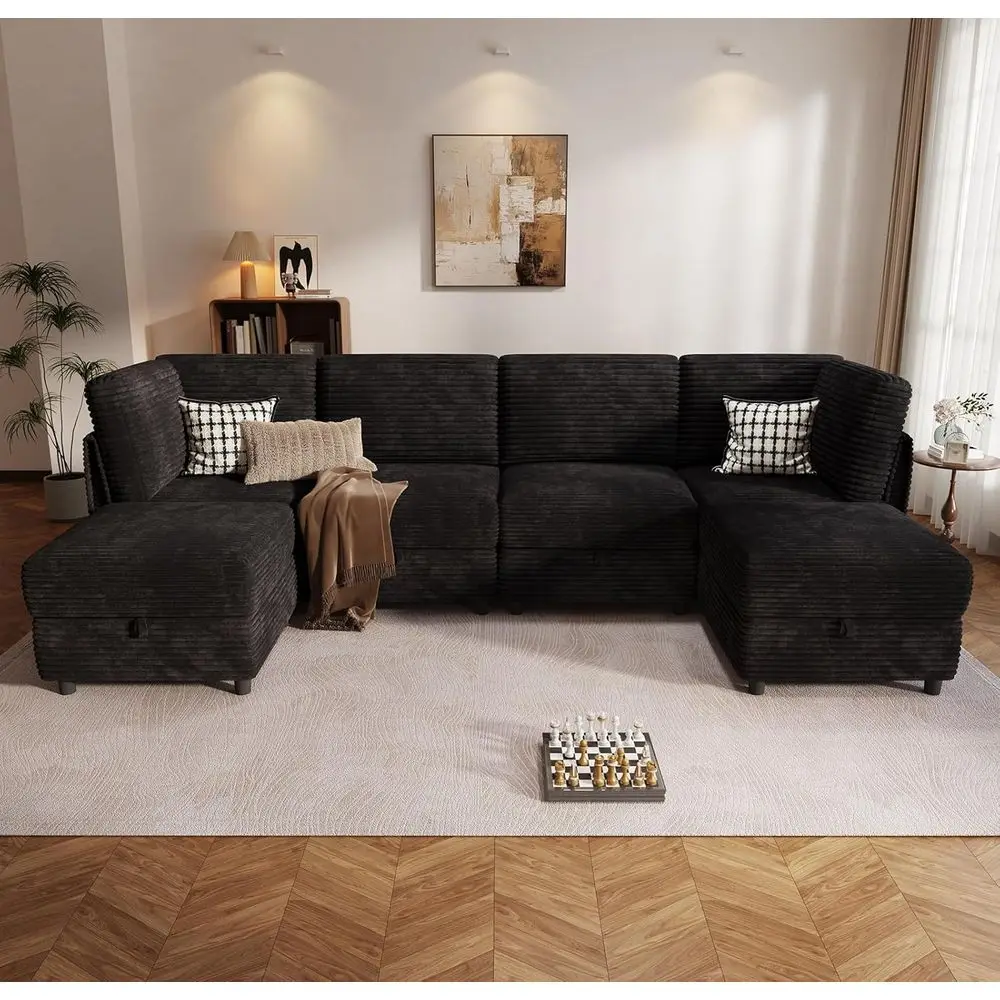 

U-образный секционный диван на 6 мест с оттоманкой для хранения, трансформируемый L-образный диван из плюшевого вельвета для гостиной, современный черный D