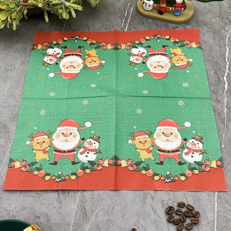 Serviette carrée imprimée de dessin animé de Noël, décoration de fête de Noël, serviettes en papier colorées en pâte de bois, qualité mère et bébé, 20 pièces