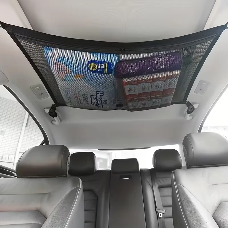 Direct Replacement 2Pcs Adjustable Zipper Double‑Layer Mesh Car Ceiling Roof Storage Bag Black For Universal Sedan SUV Truck
