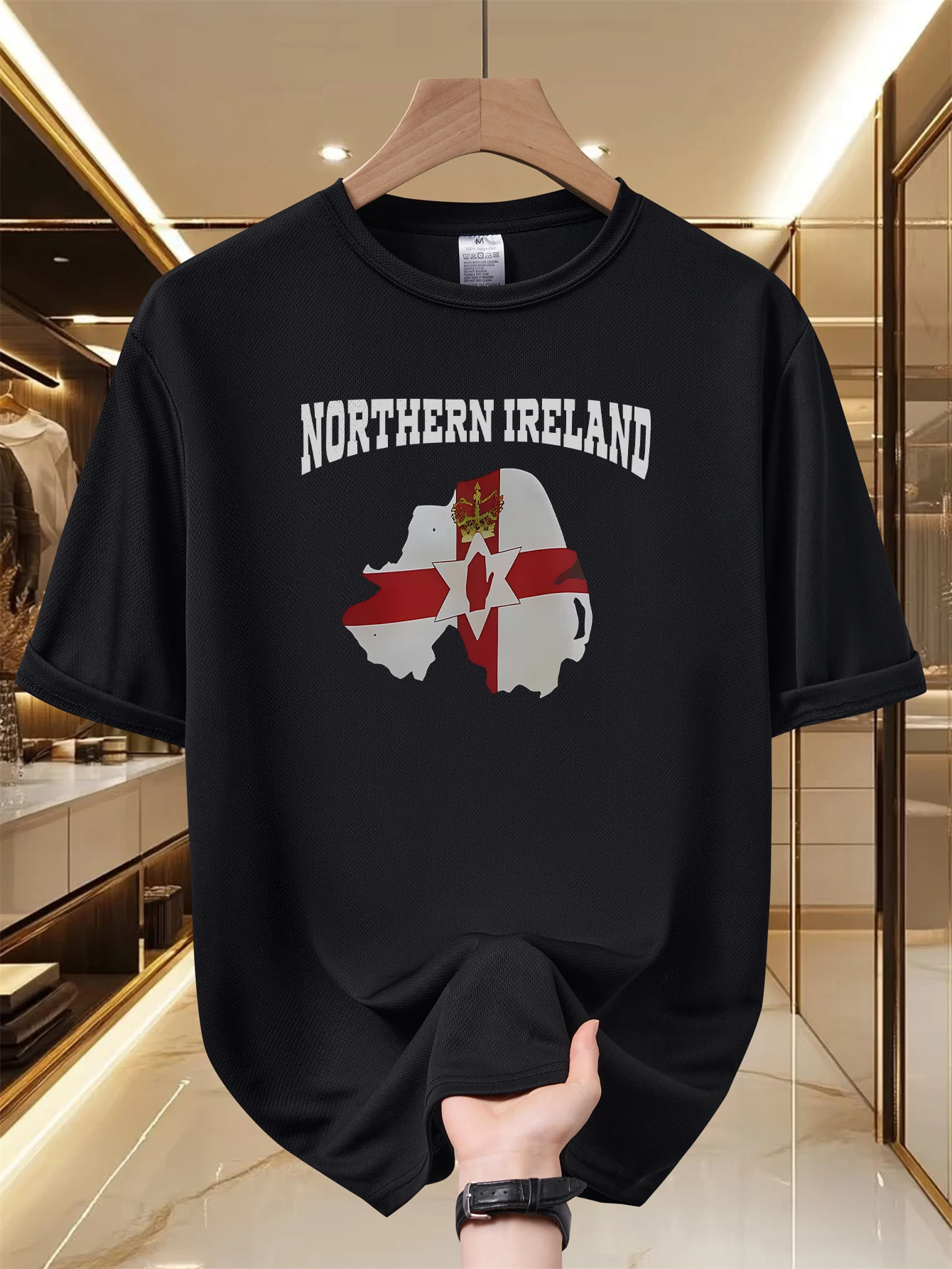 Breathable Mesh Men Crew Neck T Shirt, Minimalist Northern Ireland Map & Ulster Banner Graphic Tees, Quick Dry Casual Tops F