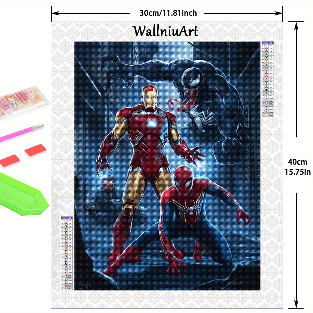 1 pieza, sin marco, 30*40cm/11.81*15.75 pulgadas, Set de Pintura de Diamantes, Arte Marvel Iron Man, Spider-Man, Venom, Bordado de Diamantes 5D