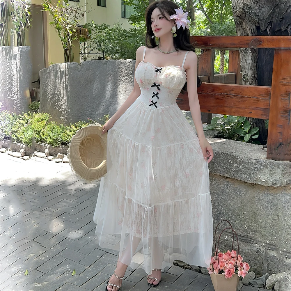 2025 ภาษาฝรั่งเศสคําVINTAGEเซ็กซี่Backlessโบว์ตาข่ายสปาเก็ตตี้ชุดเก๋ฤดูร้อนชายหาดFairycore Vestidosวันหยุดเสื้อผ้าผู้หญิง