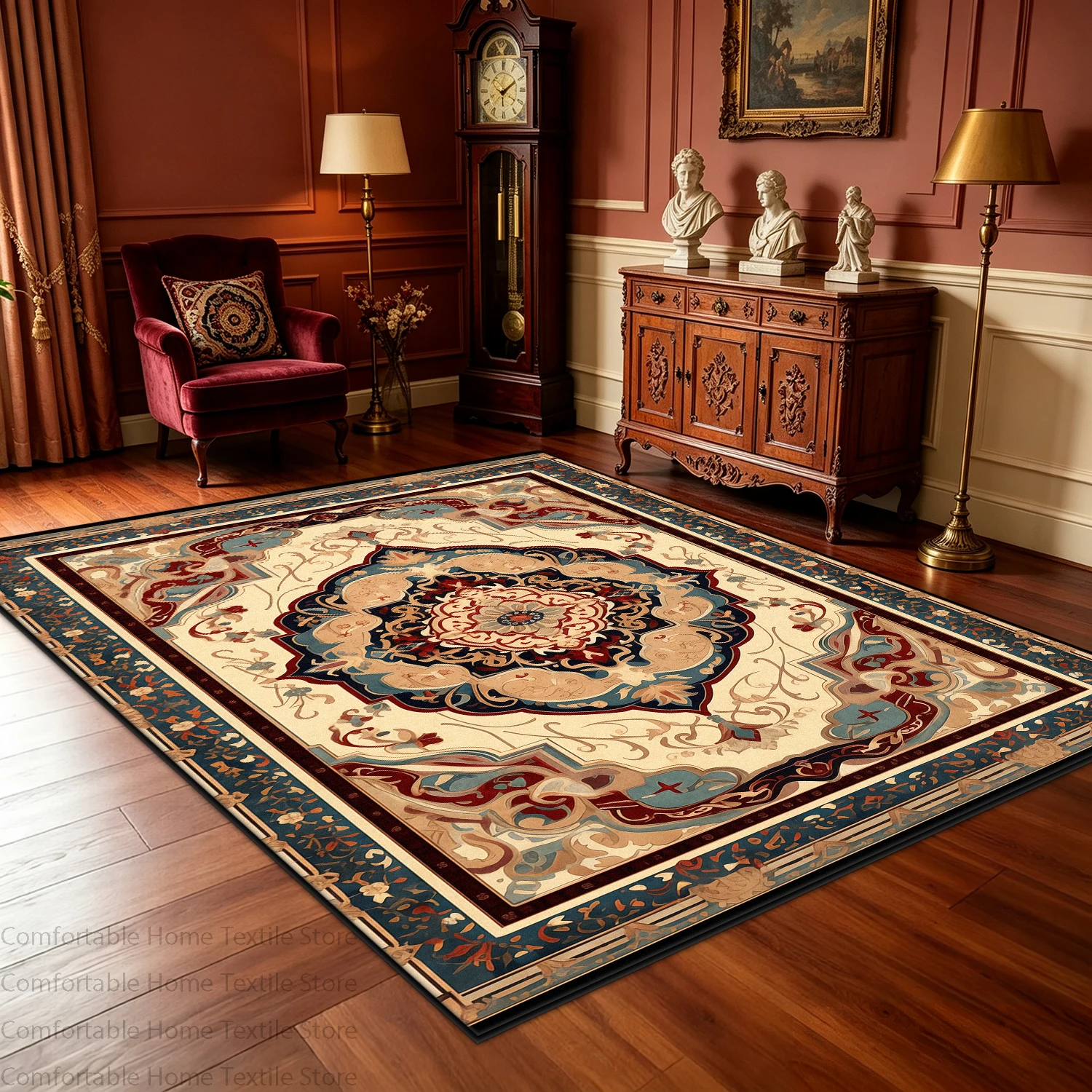 Victorian Vintage Large Area Living Room Rug European Classical Floral Pattern Non Slip Washable Office Carpet Fluffy Floor Mat