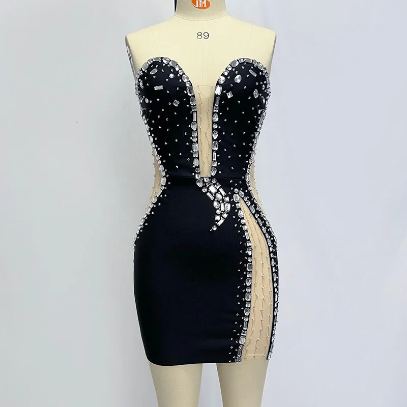 

Women's Rhinestone Hem Sexy Sheer V-neck Tube Top Mini Bandage Dress Socialite Party Dinner Performance Dress Women Sexy Dresses