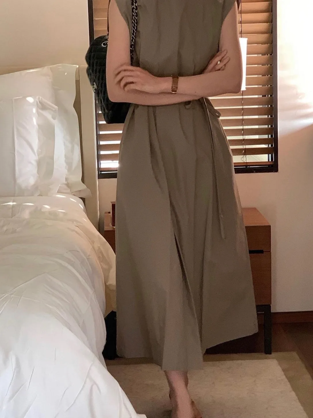 Ele Summer Svel Dr feminino simples redondo Ne com cinto emagrecimento plissado longo Dr Fem Faionable Casual Wear