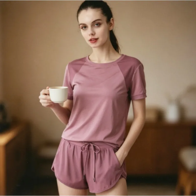

Ladies Lightweight Mesh Athletic Outfit Sweat Wicking Short Sleeve Top with 5 Inch Shorts for Yoga and Daily Sport