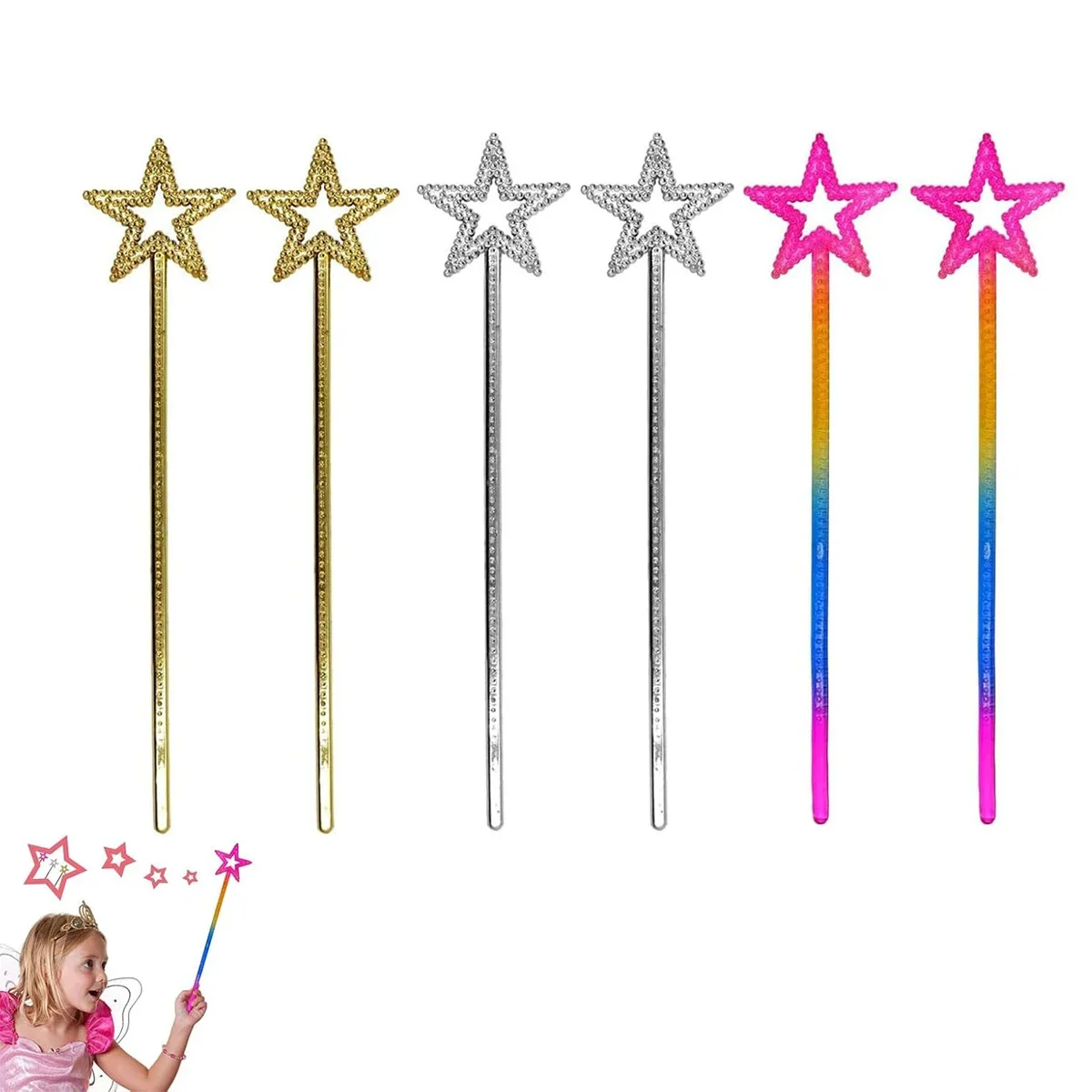 

6PCS Pentagram Fairy Wand 34.3cm Fairy Cane Golden Silver Angel Star Magic Wand Makeup Prop for Birthday Christmas Party Costume