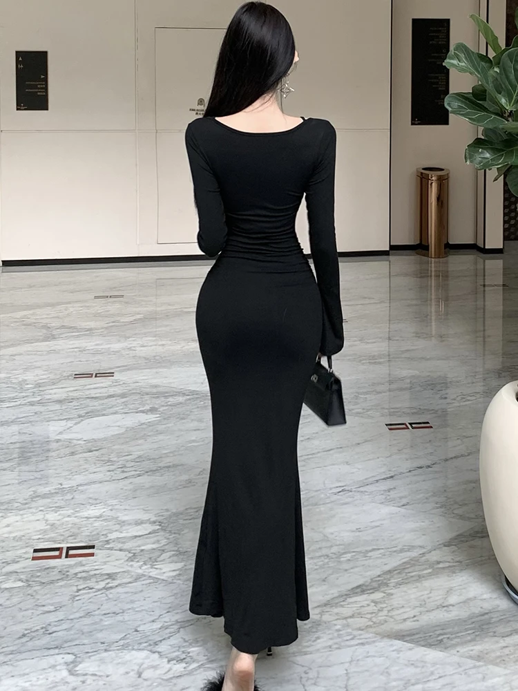 فساتين مثيرة للنساء ذات ياقة مربعة من الدانتيل باللون الأسود لعام 2025 قماش هيبورن للحفلات الراقصة للخريف والشتاء فساتين حفلات كورية فاخرة