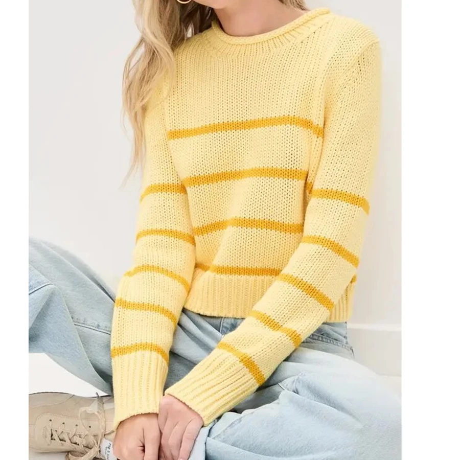 

Женский осенний свободный свитер в полоску с длинным рукавом и круглым вырезом, трикотажный пуловер