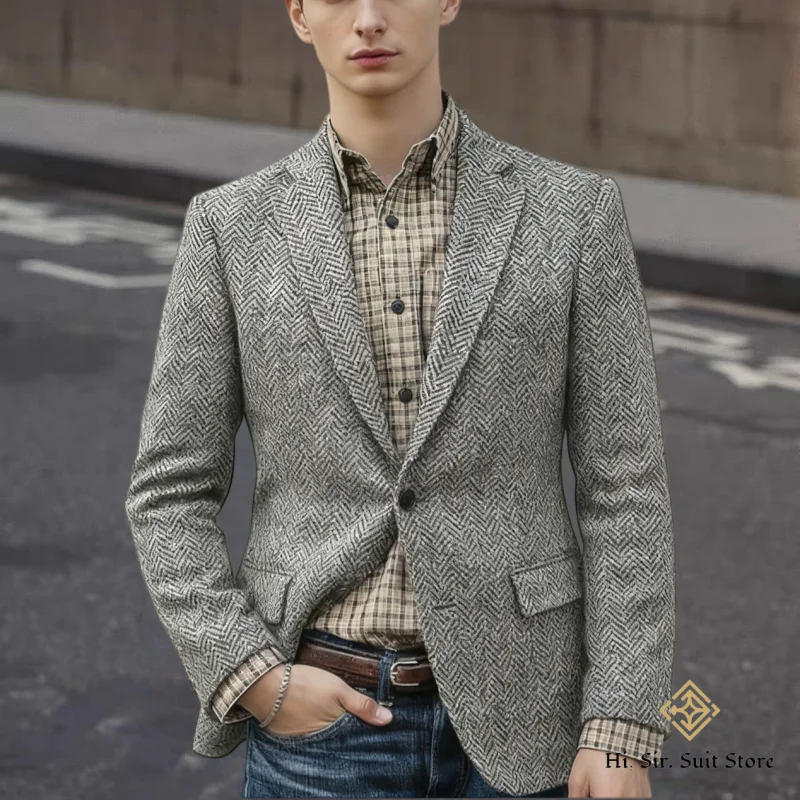 

Light Luxury Minimalist Coat for Men Short-Length Herringbone Casual White Blazer Fashionable Slim-Fit Business Wool Suit Trendy