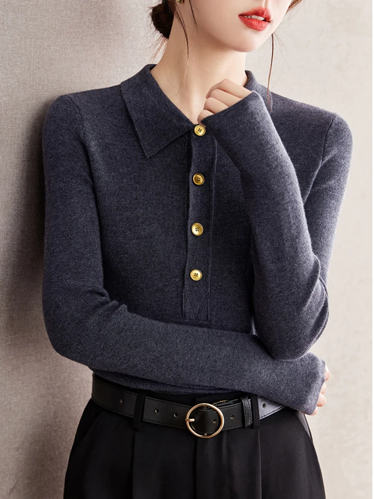 Women 2024 New Lapel Slimming Sweater Tops Niche Design Fashion Casual Long Sleeve Knit Sweater