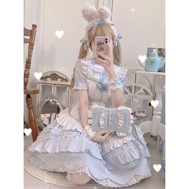 Japanese Kawaii Lolita Girl Bag Pink Sweet Creamy Bow Heart Shaped Rivet Cute Ruffled Elegant Afternoon Tea Date Crossbody Bag