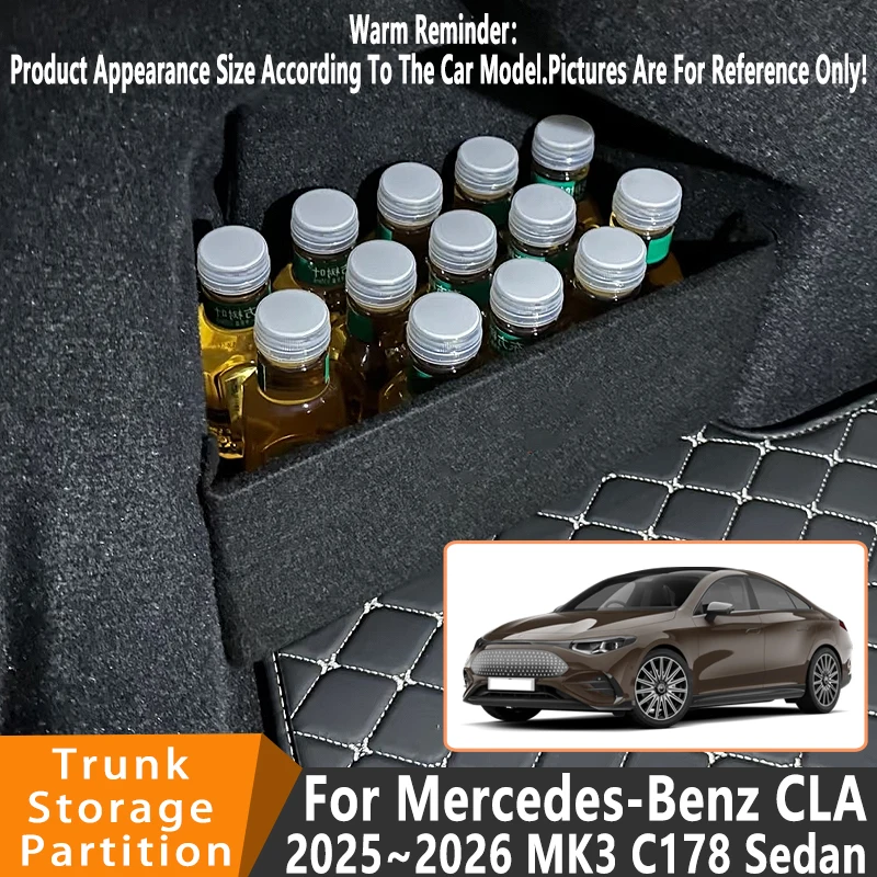 

Автомобильные аксессуары для Mercedes-Benz CLA Sedan C178 2025 ~ 2026, автомобильный органайзер, боковая перегородка багажника, детали ящика для хранения в салоне