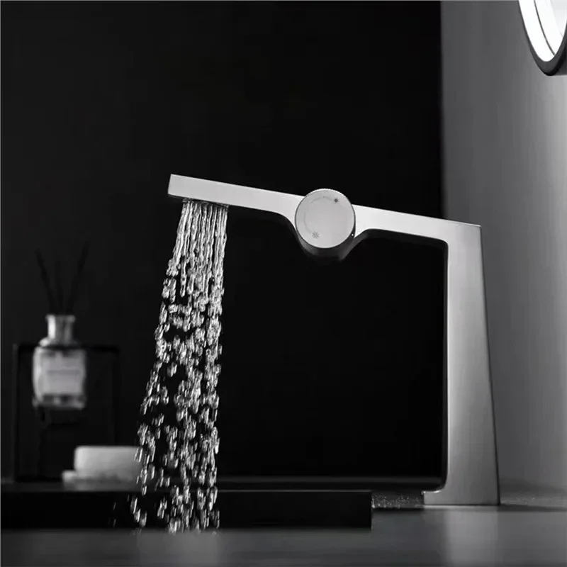 Luxury Brushed Bathroom Basin Faucet with Creative Knob Switch Single Handle Cold Hot Dual Control Light Modern Design