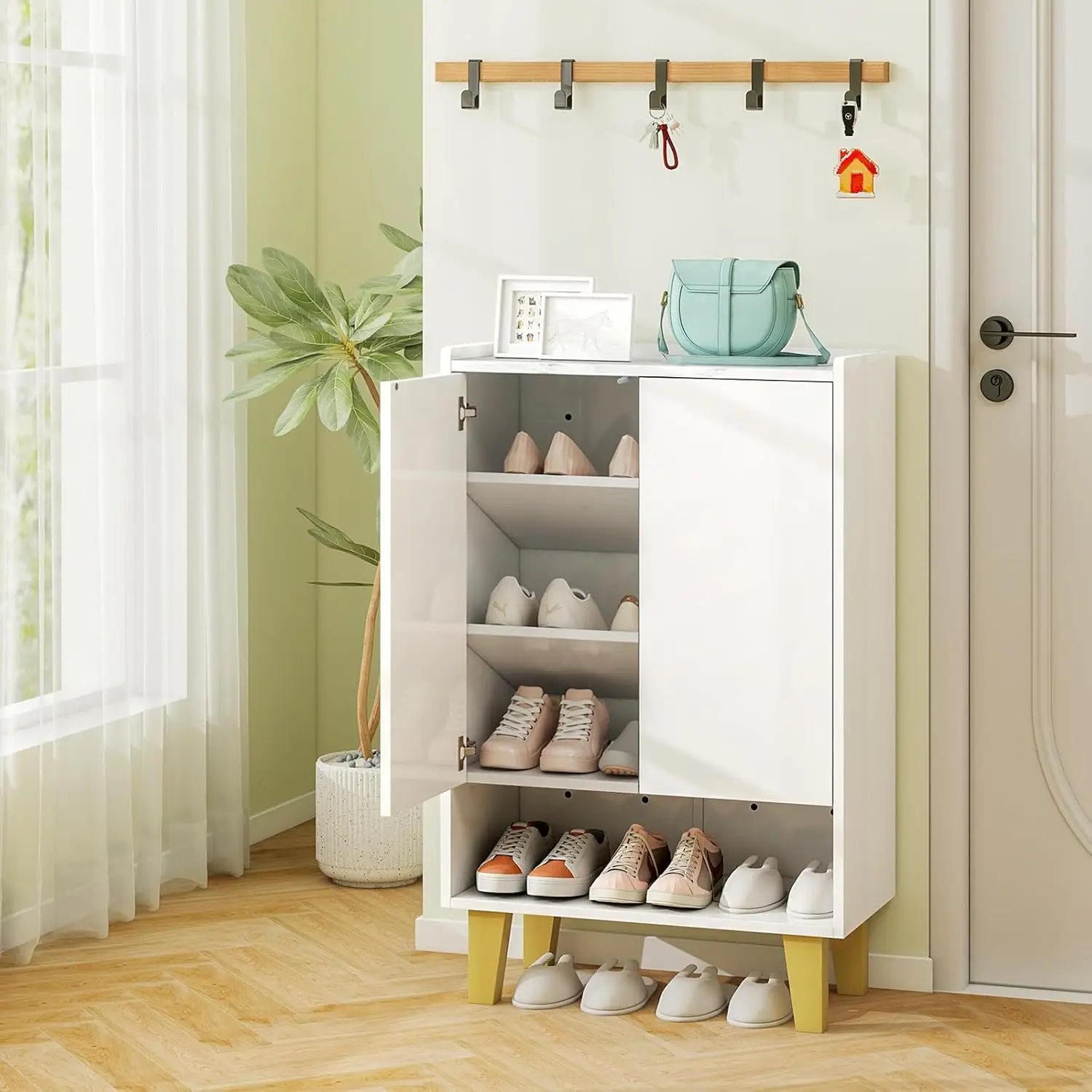 

5-Tier Shoe Cabinet with Doors, Faux Marble Shoe Rack Organizer with Anti-Tipping Kit & Flat Tilting Storage, Customized