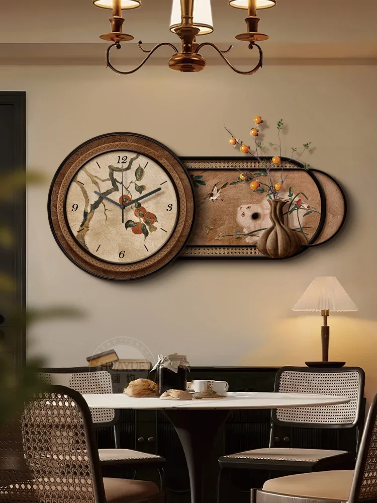 Dining room with clock decorative painting 3D sandstone living room wall clock mural senior sense retro clock hanging painting