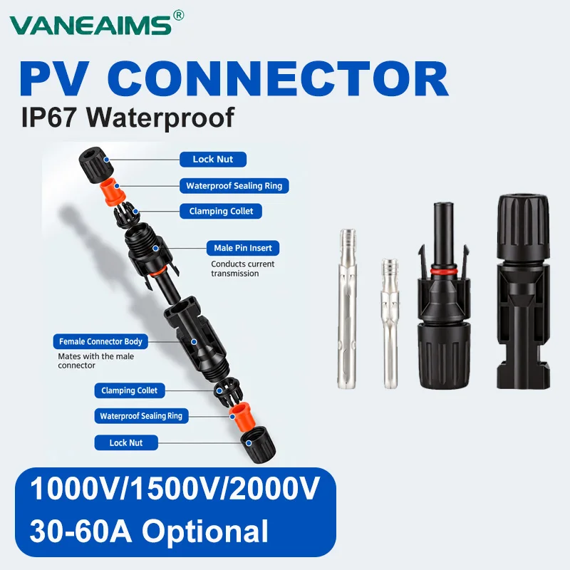 1 Set Solar Panel Connector Kit PV Solar Connector Male Female 1000V 1500V 30A 35A 40A 45A 50A 60A for PV Cable 2.5/4/6/10mm²