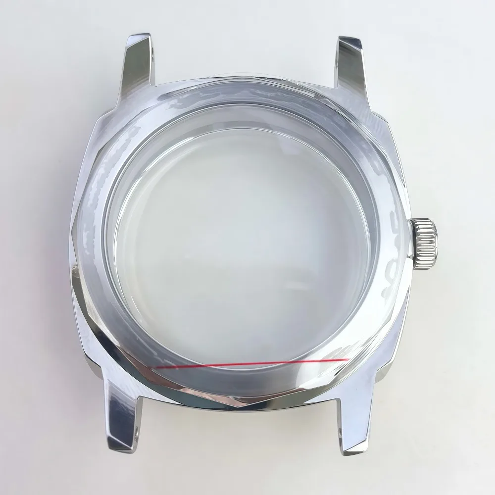 45 مللي متر مصقول ساعة حافظة 100 متر مقاوم للماء حزام ساعة جلدية المسمار تاج صالح ل ST3600 PT مزدوجة قبة الزجاج العضوي المعدني